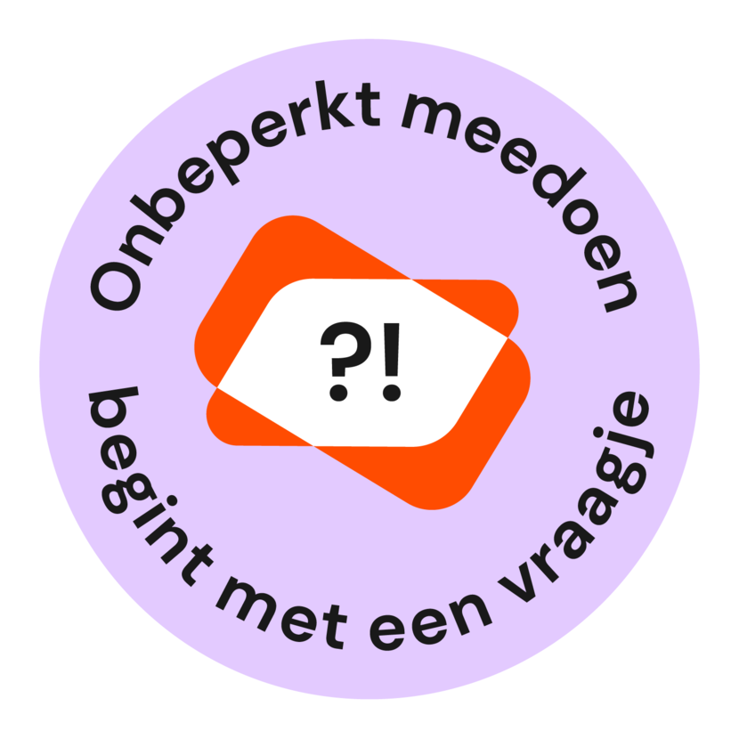 Sticker logo Onbeperkt meedoen begint met een vraagje - Je wordt doorgelinkt naar de website Vraagje.doeonbeperktmee.nl